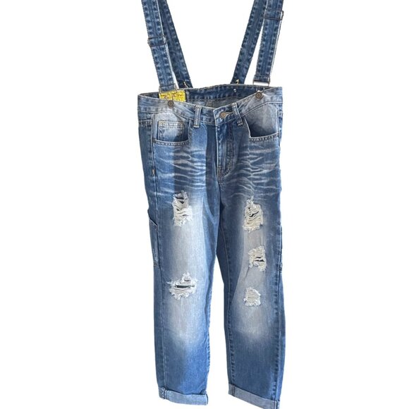 MACHINE Nouvelle Mode Women's Distressed Suspender Cotton Shredded Jeans Size 26 - Picture 5 of 7